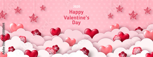 Happy Saint Valentine's day card, horizontal banner with paper cut clouds and holiday objects on pink background. Glittering hearts, stars and flowers. Place for text