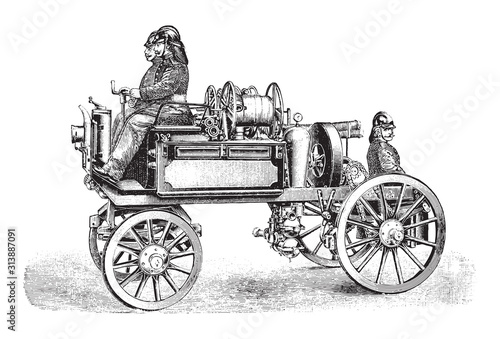 old fire brigade car - fire truck / vintage illustration from Brockhaus Konversations-Lexikon 1908
