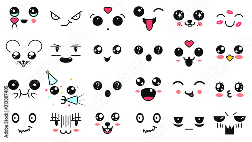 Kawaii cute faces. Manga style eyes and mouths. Funny cartoon japanese emoticon in in different expressions. Expression anime character and emoticon face illustration. Background, Wallpaper.
