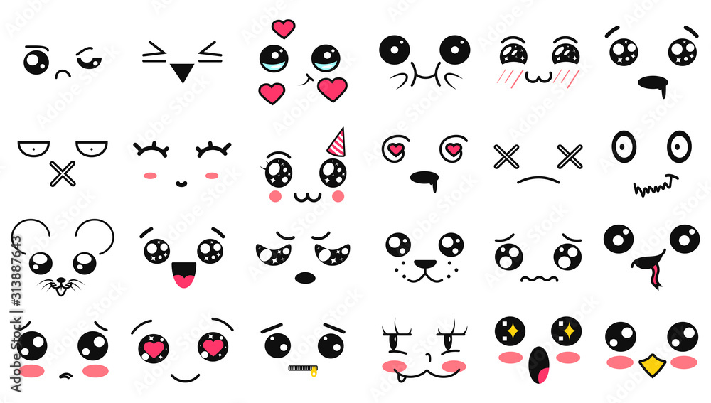 Kawaii cute faces. Manga style eyes and mouths. Funny cartoon japanese emoticon in in different expressions. Expression anime character and emoticon face illustration. Background, Wallpaper. - obrazy, fototapety, plakaty 