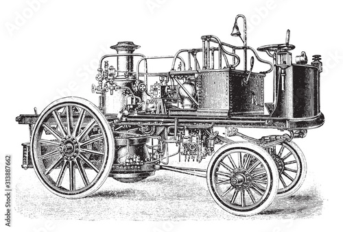 old fire brigade car - fire truck / vintage illustration from Brockhaus Konversations-Lexikon 1908