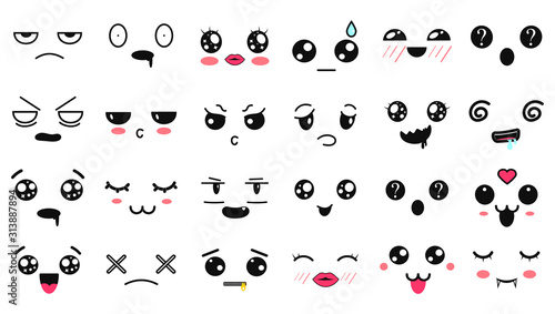 Kawaii cute faces. Manga style eyes and mouths. Funny cartoon japanese emoticon in in different expressions. Expression anime character and emoticon face illustration. Background, Wallpaper.
