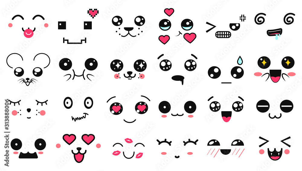 Kawaii cute faces. Manga style eyes and mouths. Funny cartoon japanese emoticon in in different expressions. Expression anime character and emoticon face illustration. Background, Wallpaper.