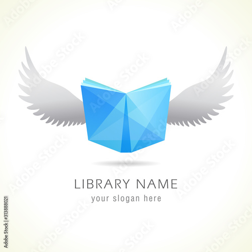 Flying book logo. Isolated abstract graphic design template. Stained glass blue book and bird white wings, creative smartphone application emblem. Educational sign, library symbol. Branding identity.