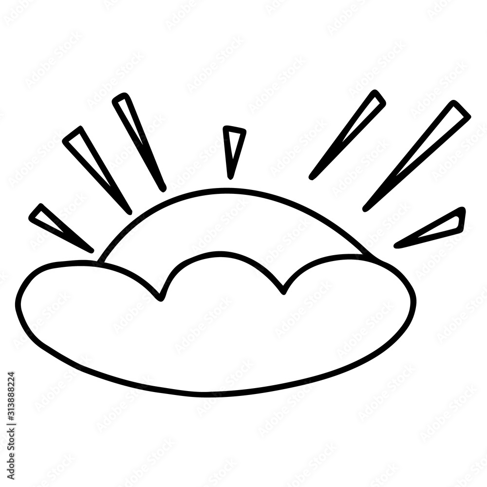 The sun hides behind a cloud. Children's drawing outline. Black and white outline image . Coloring. The sun with rays. Isolated drawing on a white background. Vector The sun hides behind a cloud. Children's drawing outline. Black and white outline image . Coloring. The sun with rays. Isolated drawing on a white background. Vector
