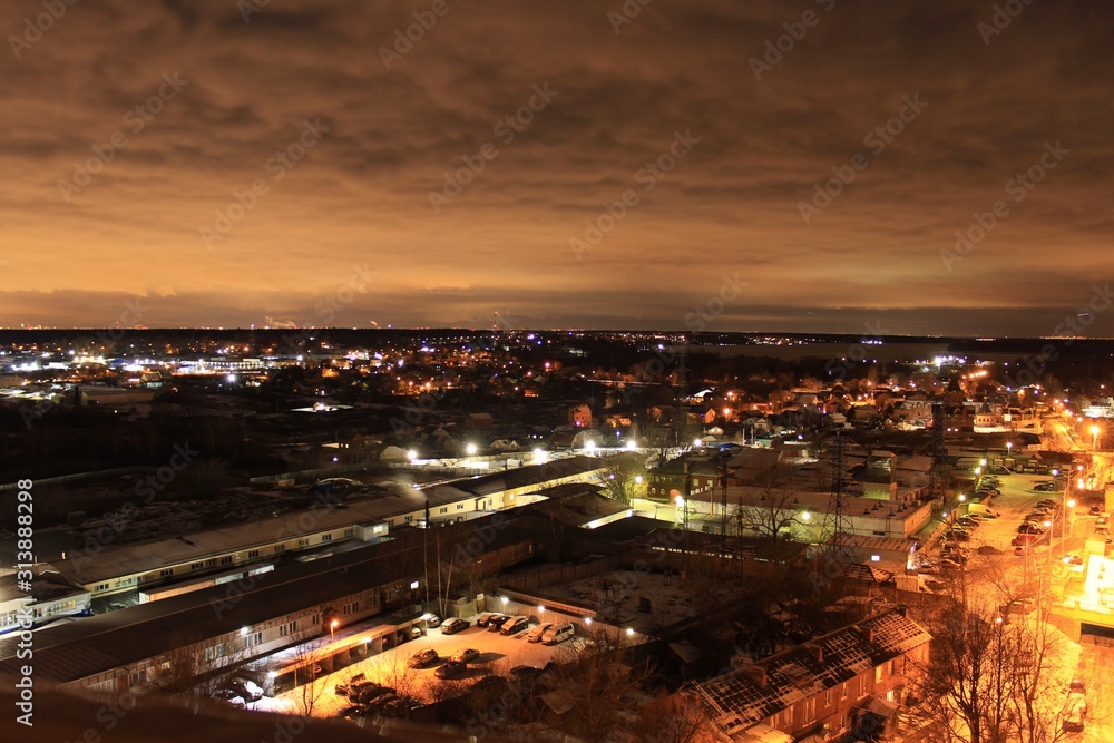 Top view of a small town. Night. Moscow region.