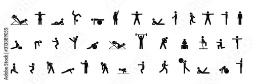 sport icons, silhouettes set, people do gymnastics, gym illustration, stick figure man