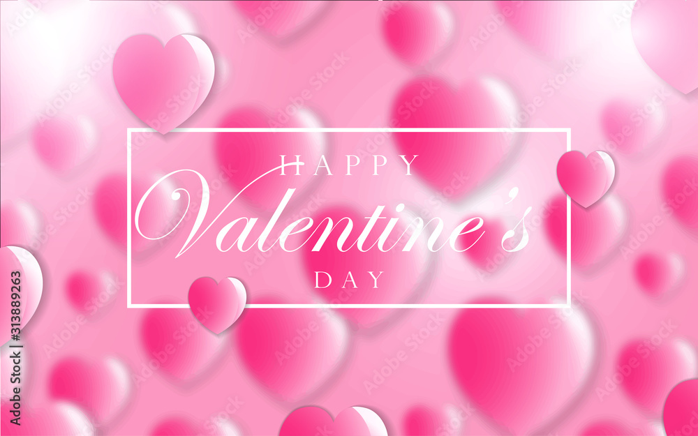 Pink vector symbols of love in shape of heart on blurred background. Realistic design template for use wallpaper, element poster, greeting card, web banner in Valentine's Day event