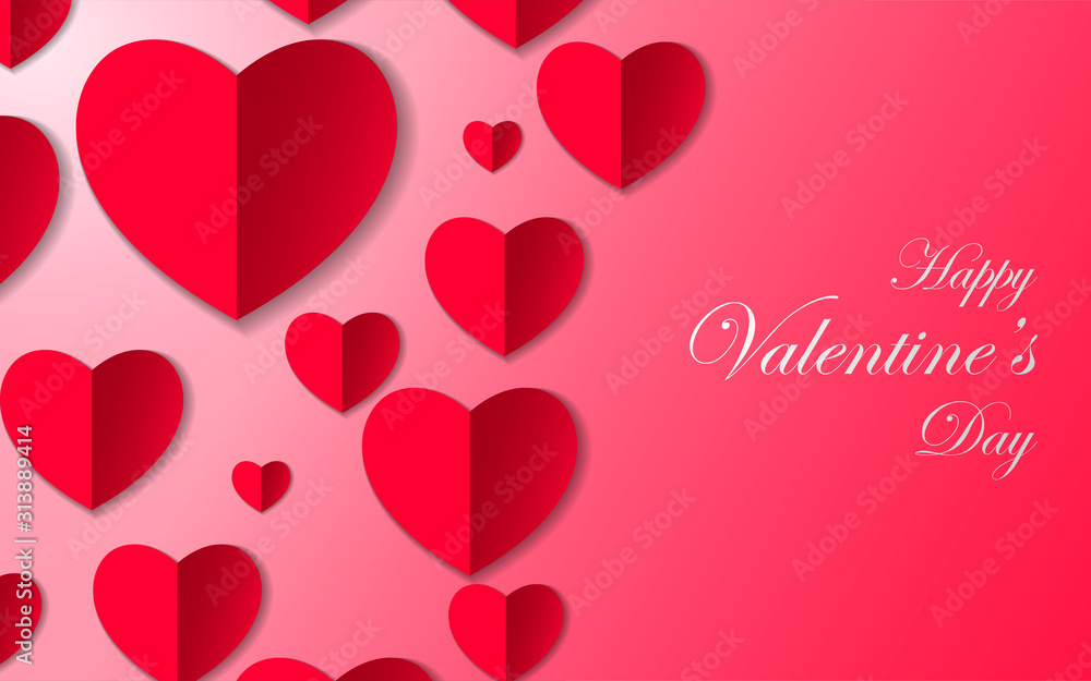 Pink and red vector symbols of love in shape of heart with paper art style. Realistic design template for use wallpaper, poster, greeting card, web banner in Valentine's Day event