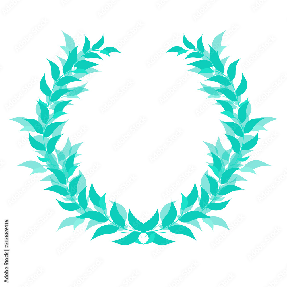 Laurel vein, honorary award, sports champion competition winner prize, victory symbol, emblem, badge, icon, trophy. A separate object of green color from branches and leaves on a white background Laurel vein, honorary award, sports champion competition winner prize, victory symbol, emblem, badge, icon, trophy. A separate object of green color from branches and leaves on a white background