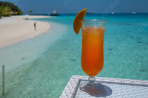 exotic summer drinks with ice in tropical paradise, picture of refreshing drinks