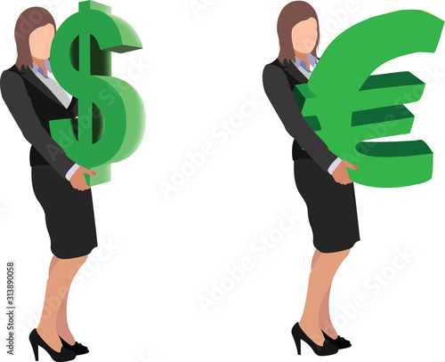 donna manager porta con le braccia simbolo dollaro e euro