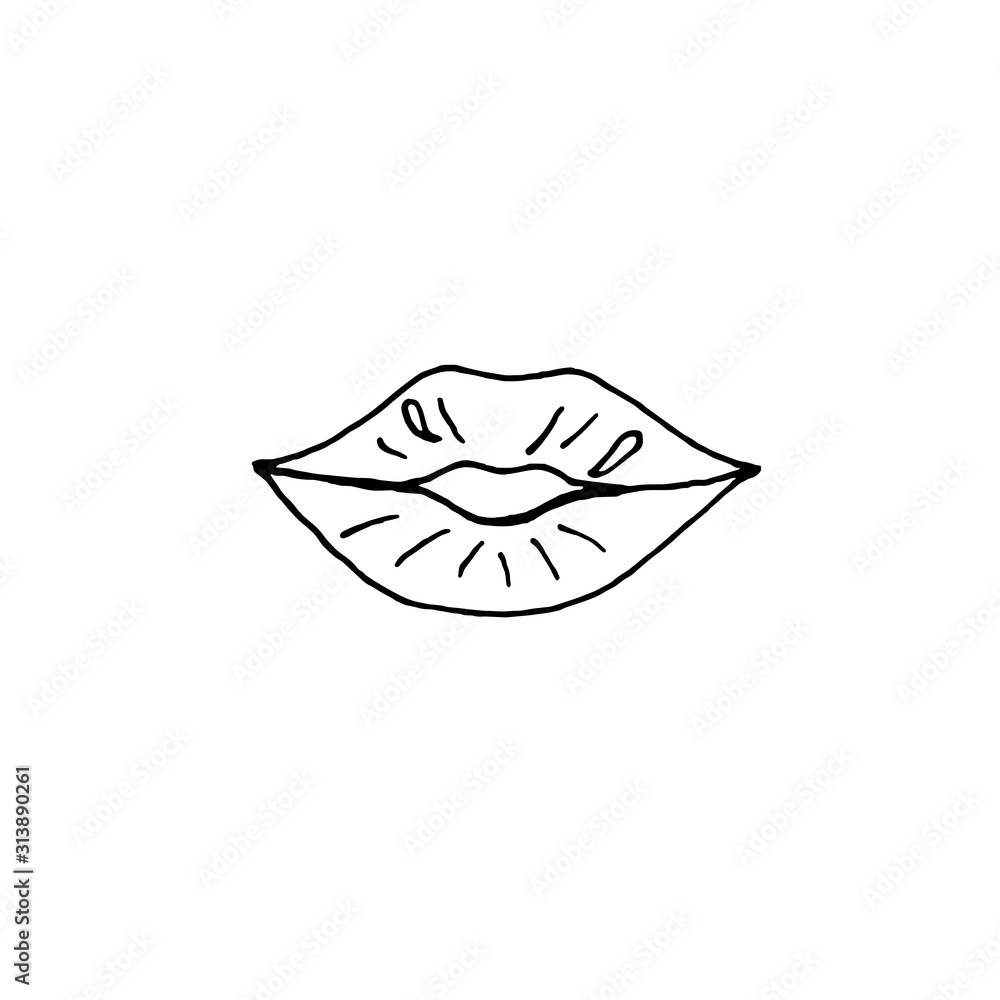 Single hand drawn lips, Isolated on white background. Doodle vector illustration. Single hand drawn lips, Isolated on white background. Doodle vector illustration.