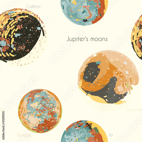 Jupiter's moons - Europa, Io, Callisto, Ganymede. Space planets vector illustration.