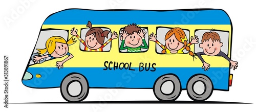 Blue bus with school children, funny vector illustration. Group of happy kids at windows of bus. Color picture on white background.