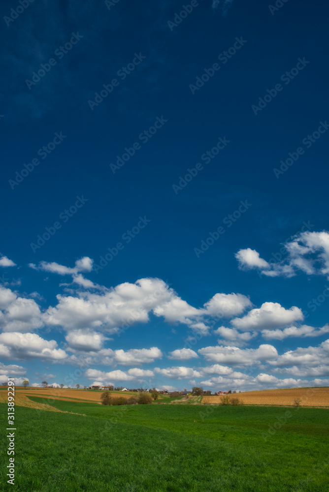 Fototapeta premium Wiesen und Felder im Sommer bewölkter Himmel
