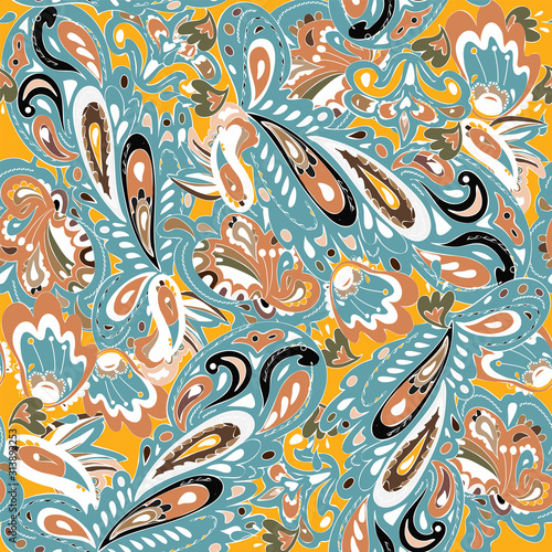 Seamless pattern with oriental ornament. Brown, orange, beige colors. Indian holi. Vector illustration.