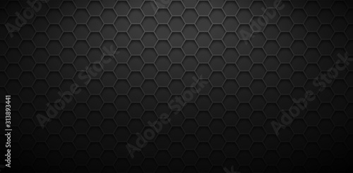 Dark horizontal background with hexagons. Vector background with lighting.