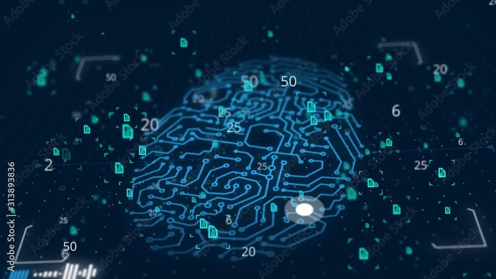 Abstract futuristic electronic circuit board with binary code, neural ...