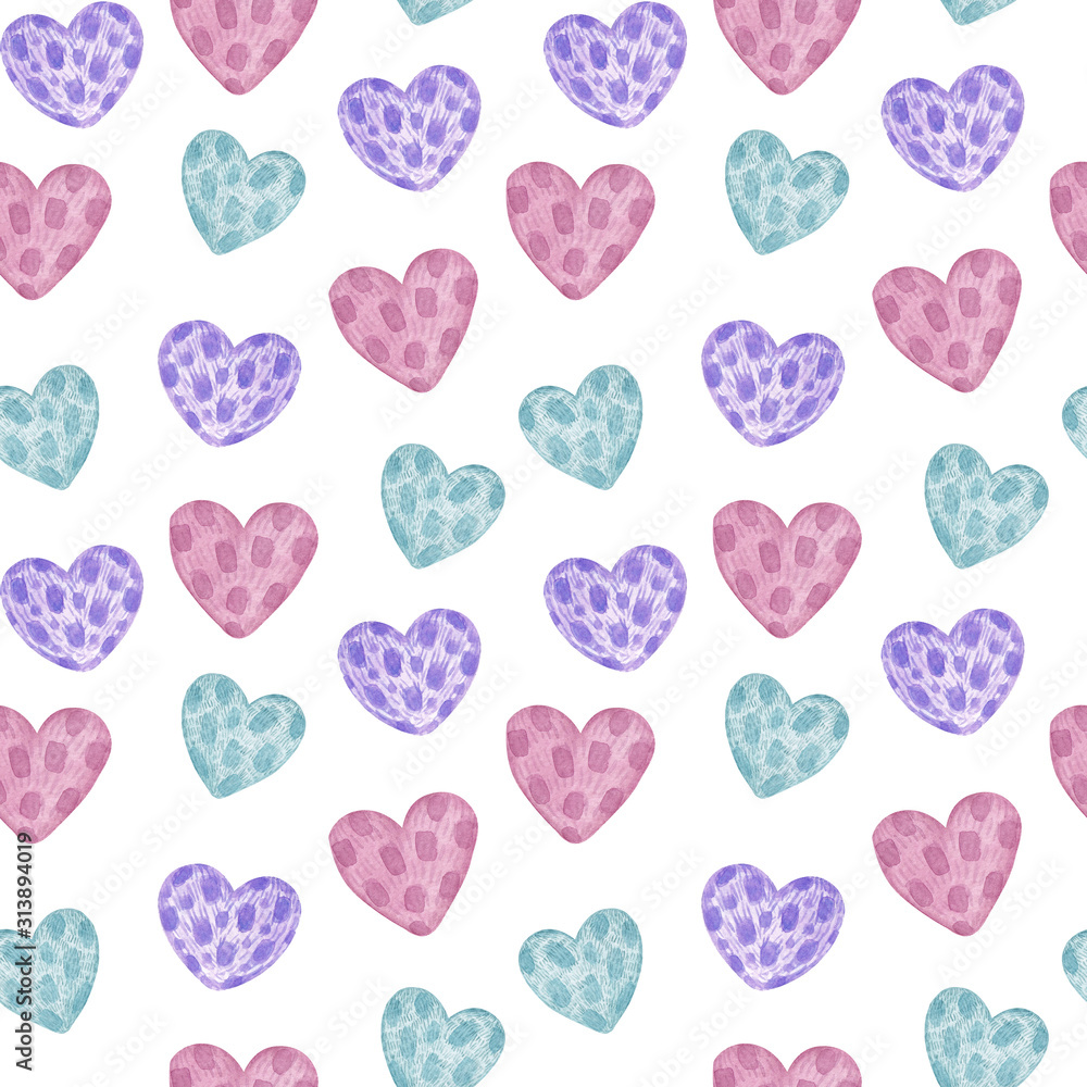 Watercolor Hand Drawn Cute Hearts Isolated on White Background Seamless Pattern. Pink, Violet, Blue Colors.