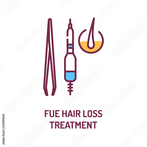 Fue hair loss treatment color line icon. Include medications, surgery to promote hair growth and slow hair loss. Alopecia. Pictogram for web page, mobile app, promo. Editable stroke.
