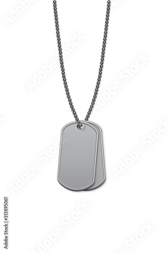 Empty silver military badge hanging on steel chain