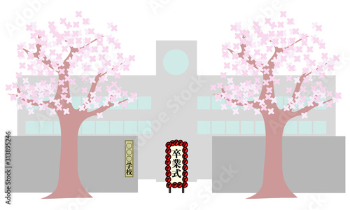 桜の木と学校の正門