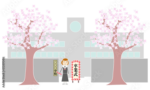 桜の木と学校の正門と女子生徒