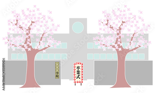 桜の木と学校の正門
