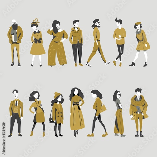 A crowd of people dressed in spring clothes or outerwear, walking down the street, standing still. A group of funny men and women. Set of flat cartoon vector illustrations.
