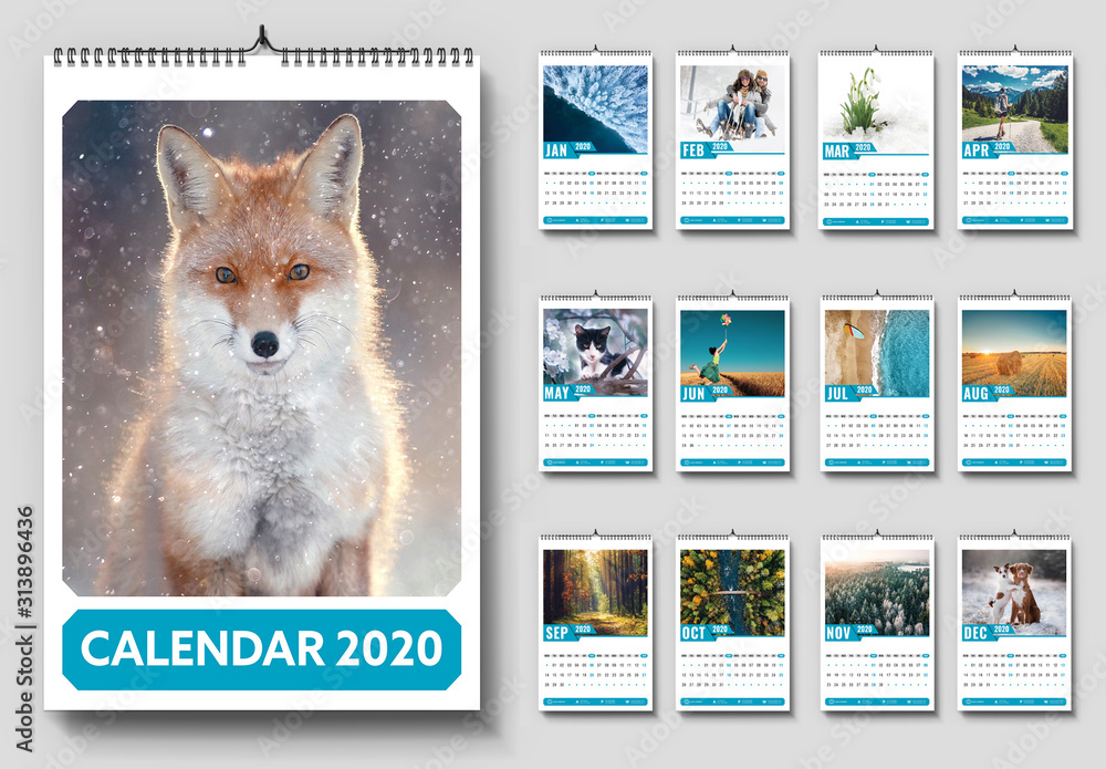 2020 Wall Calendar Layout with Blue Accents Stock Template | Adobe Stock