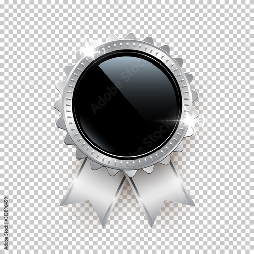 Vector silver seal with ribbons isolated on transparent background.