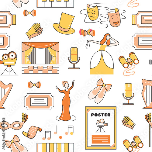 Vector seamless tetral pattern for print and background. Pattern for packaging and baby products. Set of cute minimalistic funny theatrical icons.