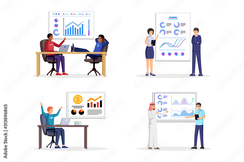 People making business presentation illustrations set. Corporate report with charts, diagrams, graph, statistics information on whiteboard. Business strategy and analytics concept illustrations pack