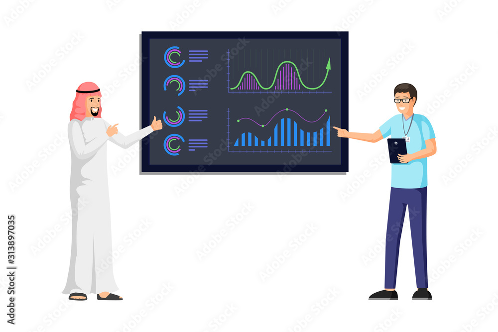 Arabic businessman making presentation illustration. Business report with colorful charts, diagrams, infographic, statistics information on board. Business analytics and strategy concept Arabic businessman making presentation illustration. Business report with colorful charts, diagrams, infographic, statistics information on board. Business analytics and strategy concept