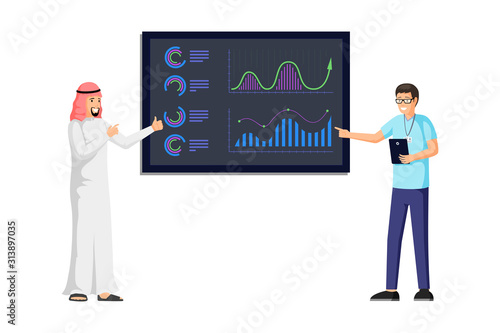 Arabic businessman making presentation illustration. Business report with colorful charts, diagrams, infographic, statistics information on board. Business analytics and strategy concept
