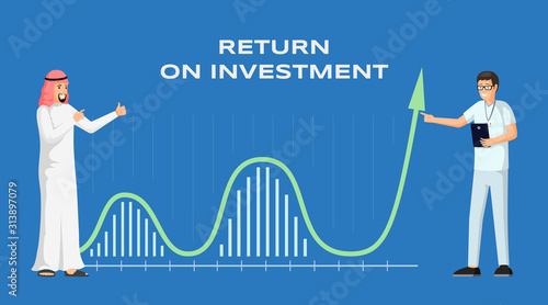 Return on investment banner template illustration. Arabic businessman international cooperation. Profit and income, economy and finance, strategy and financial success, ROI poster layout