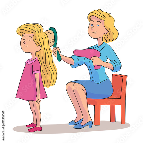 Mother combing and drying daughters hair on white