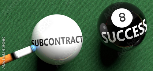 Subcontract brings success - pictured as word Subcontract on a pool ball, to symbolize that Subcontract can initiate success, 3d illustration photo