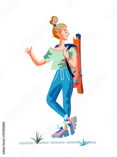 Happy woman traveler hitchhiking. Hipster young tourist with backpack trying catch car on road. Holidays adventure, tourism, travelling. Vector cartoon flat illustration.