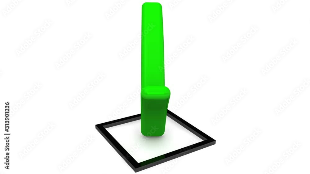 Check box with green check mark. One green check mark rotates in a black square on white surface. Footage video Check box with green check mark. One green check mark rotates in a black square on white surface. Footage video