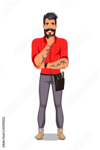 Brutal bearded man barber with tattoo on arms
