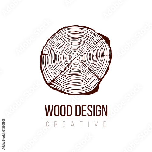 Annual tree growth rings logo, cross-section of a tree trunk. Stock Vector illustration isolated on white background.