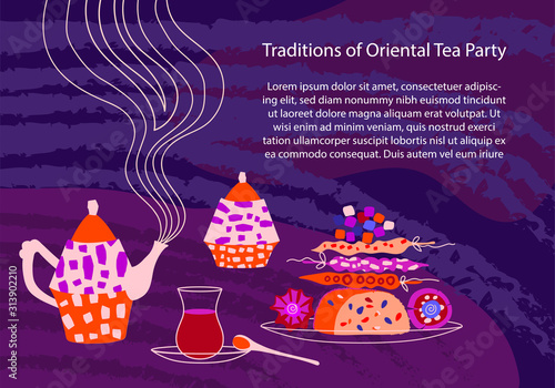 Vector horizontal illustration of arabic sweets and arabic tea party. Place for text for a card or poster for a holiday invitation. Kettle, teas treats in cartoon flat style on a purple background