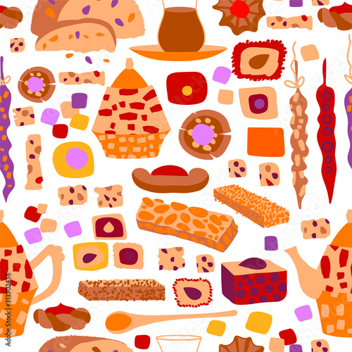 Vector seamless pattern of arabic sweets and oriental tea party. Background for a card or poster for a holiday invitation. Kettle, tea and treats in cartoon flat style isolated on a white background