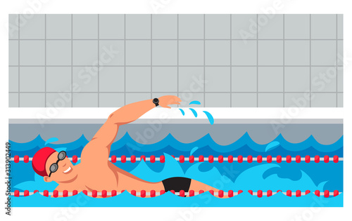 Sportsman swimming breaststroke in pool cartoon