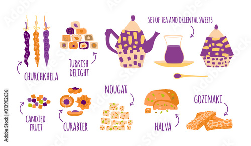 Vector infographic of oriental sweets and tea party. Items for design postcard or poster for a holiday invitation. Kettle, tea, hands and treats in a cartoon flat style isolated on a white background