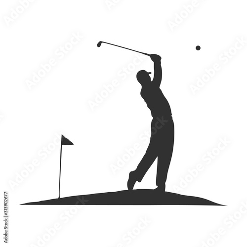 Golf swing, golf player isolated silhouette, golfer illustration with ball flag and club. Stock Vector illustration isolated on white background.