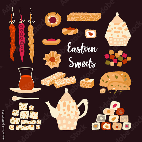 Vector set of oriental sweets and tea party. Items for design postcard or poster for a holiday invitation. Kettle, tea, hands and treats in a cartoon flat style isolated on a dark background