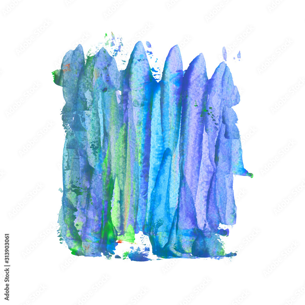 Blue abstract watercolor paint stains on white background. Colorful hand drawn wallpaper for your design. Bright gouache backdrop.